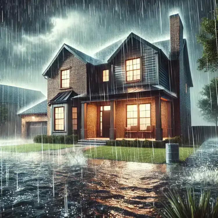 heavy rain pouring down on a residential home in Texas