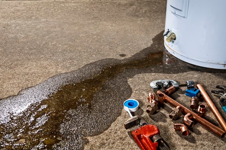 tools and piping next to a leaking water heater that needs to be repaired
