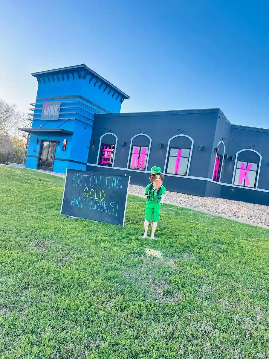 Leprachaun catching gold and leaks outside of The Mink Plumbing