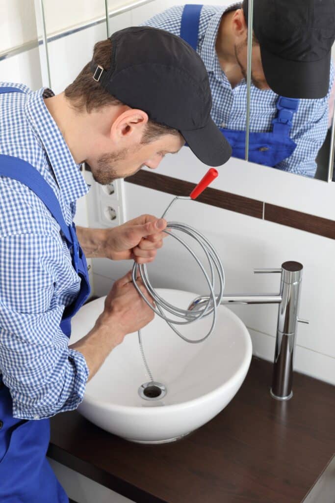 plumber snaking bathroom drain